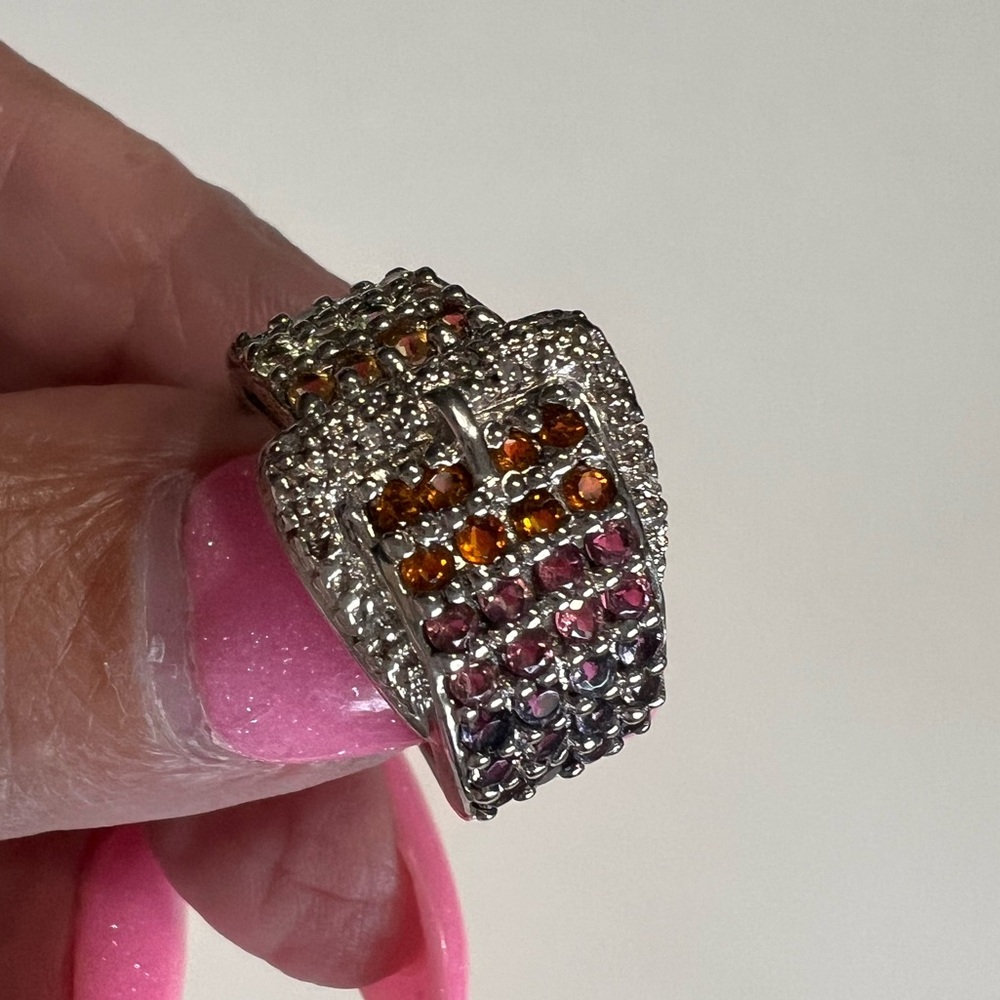 Multi-Gem Buckle Ring- Sterling Silver - Size 7.25 - Excellent Condition